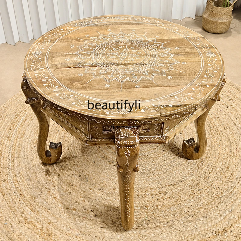 

Living room household round table small low table Jixiang decorative solid wood ornament 2024 new