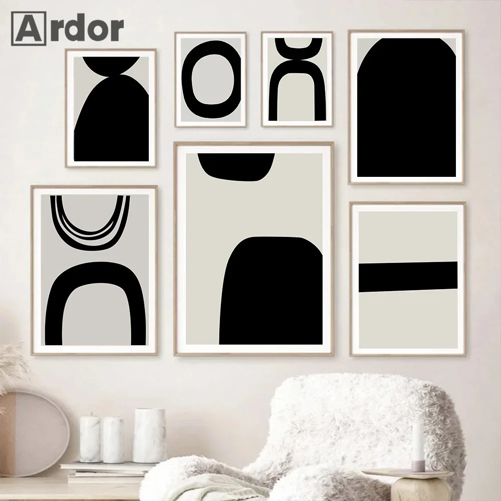 

Modern Mid Century Abstract Geometric Black Beige Canvas Painting Posters and Prints Wall Art Pictures Living Room Home Decor
