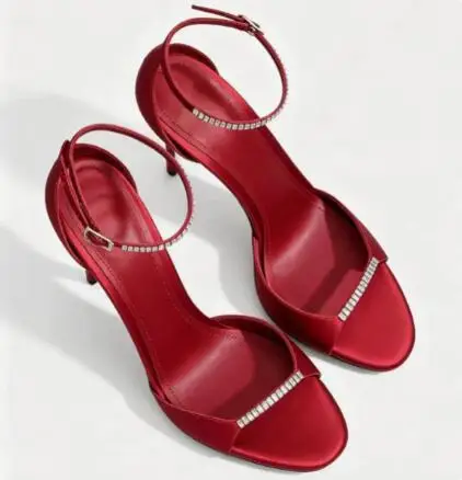 Dark Red Satin Rhinestone Ankle Strap High Heel Sandals Women Round Open Toe One Line Stiletto Heels Evening Party Dress Sandals