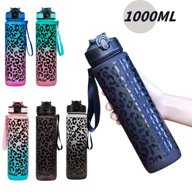 1 Liter Large Capacity Leopard print Plastic Cup Leak Proof Sports Water Bottle Drink items Outdoor Travel Portable Gym Bottle