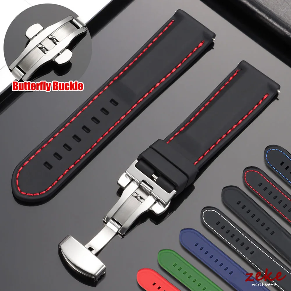 Sportliches Silikon-Uhrenarmband mit Schmetterlingsverschluss, 18 mm, 20 mm, 22 mm, 24 mm, dickes Gummiarmband, wasserdichtes Universal-Armband für Herren