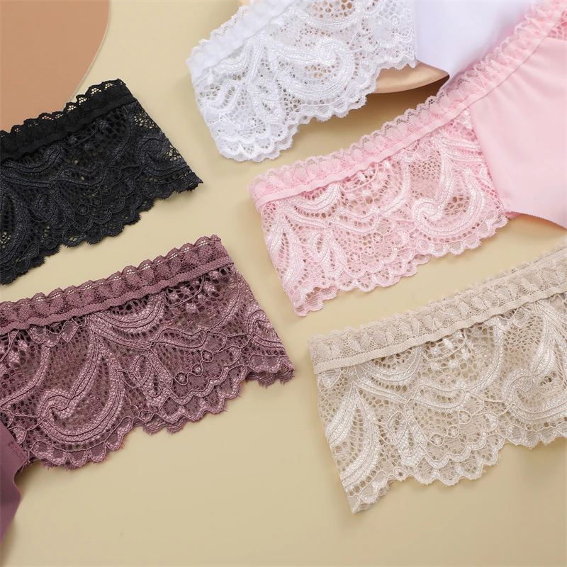 3Pcs Seamless Stretch Thongs Women Comfort Patchwork Lace Panties Female Low-Waist G-string High Quality Floral Soft Lingerie