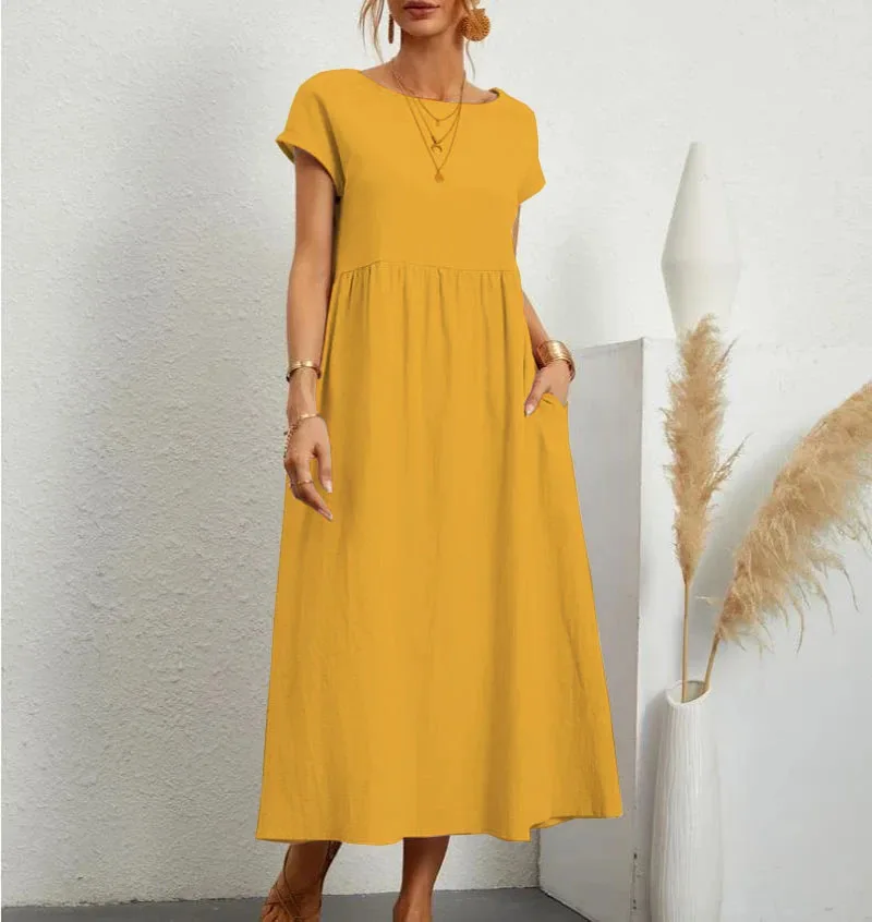 Women Vintage Solid Dress 2025 Summer Elegant O Neck Short Sleeve Cotton Linen Dresses Female Casual Loose Sundress Long Dress