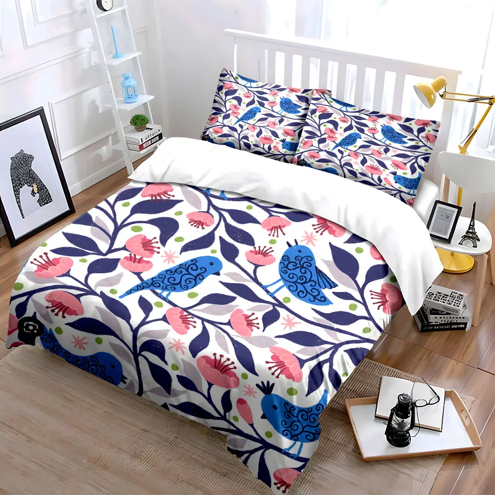 Blue birds and pink flowers Pattern Duvet Cover Set Digital Print Colorful Polyester Bedding with Zipper Closur for kids gifts 2