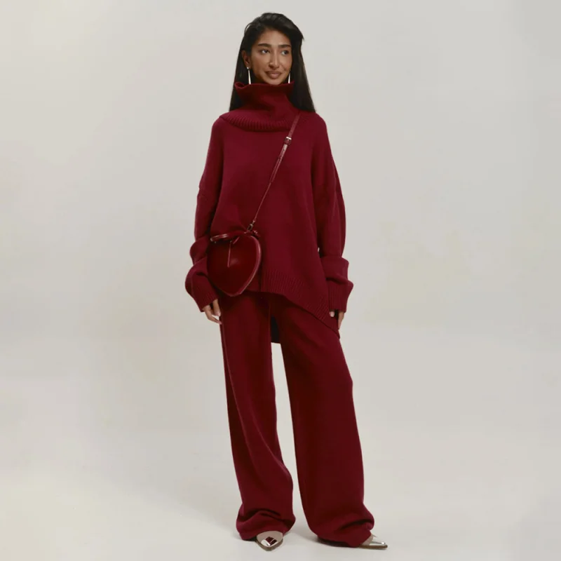 Turtleneck Wide-Leg Pants European and American 2025 Autumn Winter Warm Loose Knitted Sweater Set