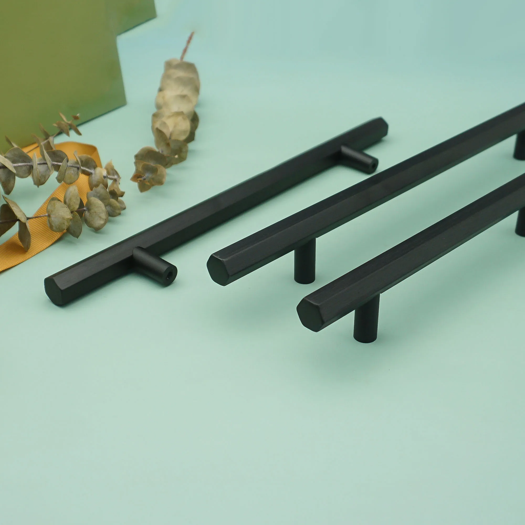 Hexagon Brushed Gold Black Cabinet Handles Modern Cupboard Wardrobe Pulls T Bar Drawer Knobs Aluminum Alloy Furniture Handles