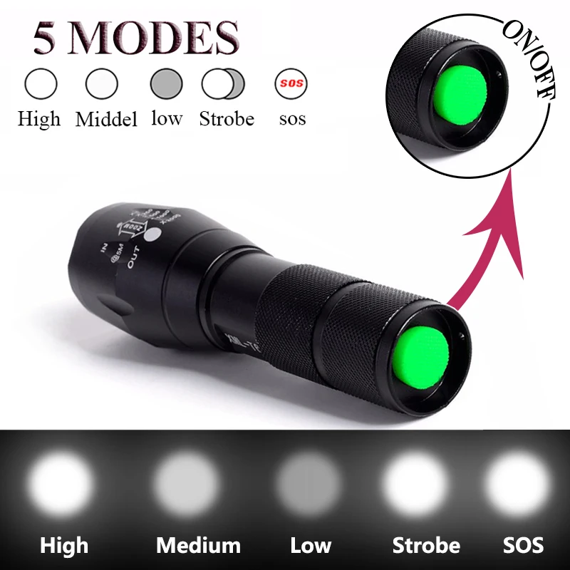 T6/ L2 Led Flashlight 5000LM Ultra Bright Torch Camping Light 5 Switch Mode Waterproof Zoomable Bicycle Light Use 18650 Battery