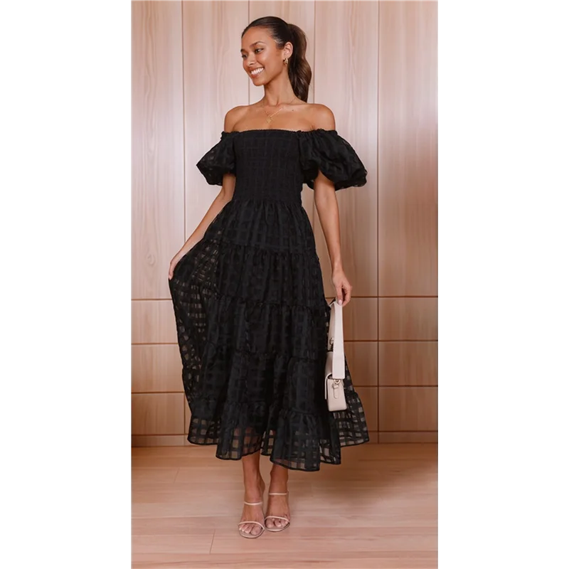 ASDS-Vestidos femininos maxi de manga curta e gola quadrada com camadas e linha A