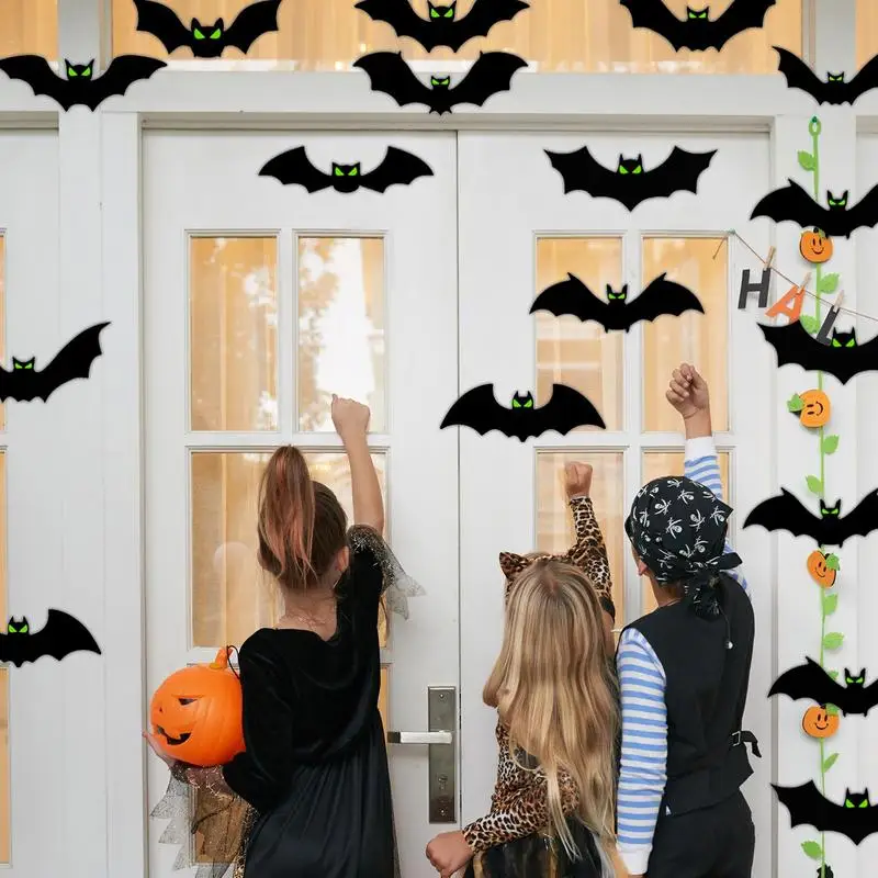 

Bat Stickers 3D Halloween Bat Decorations Glow Eyes Bats 128 Pieces Scary Bats Wall Decoration for Bathroom Kitchen Home Room