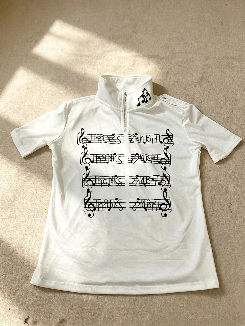 Trendy Y2K Women Musical Note Print T-Shirt Half-Zip Stand Collar Epaulet Accent Short Sleeve Slim Streetwear Casual Ladies Tees