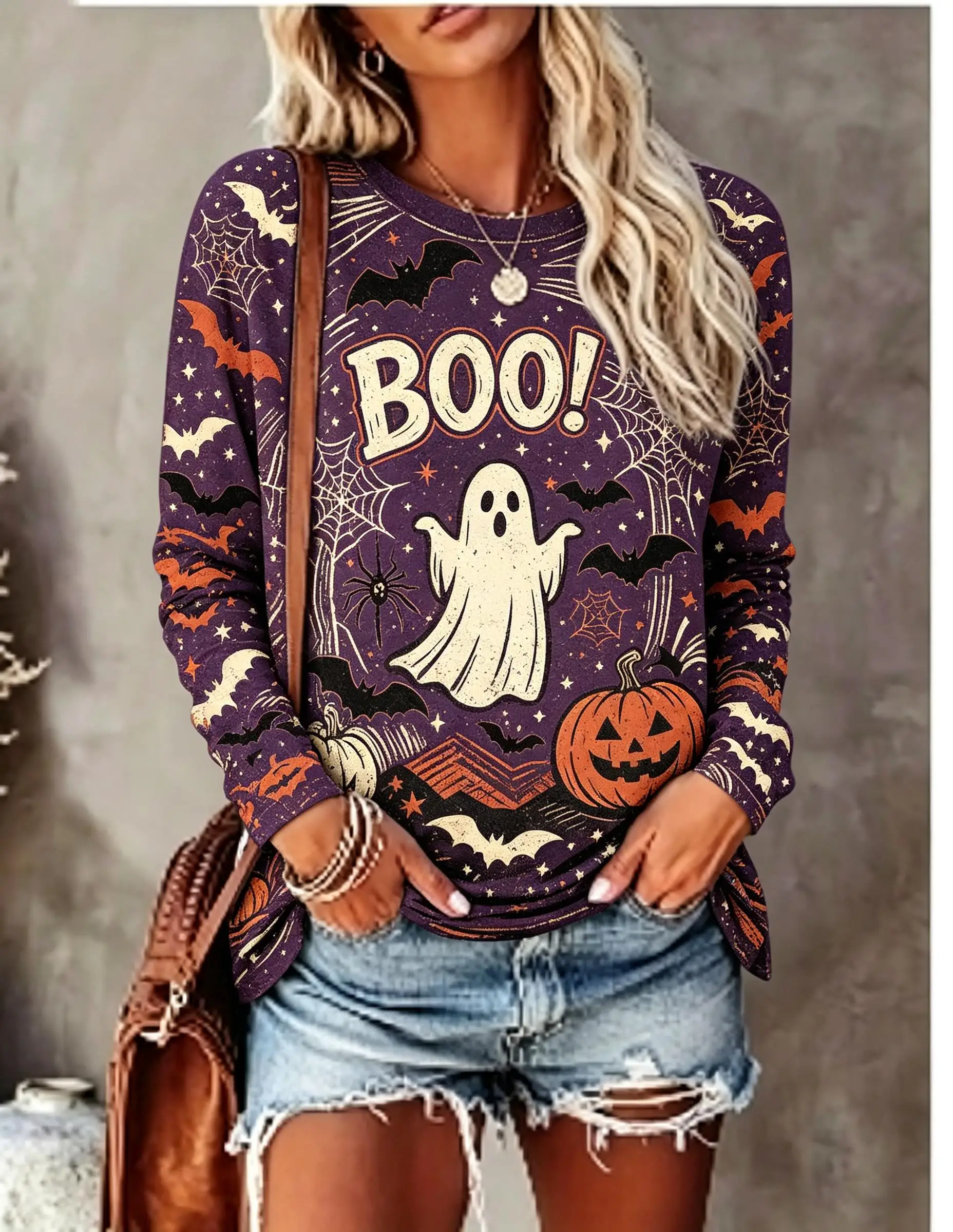 Women Halloween Long Sleeve T‑Shirt Boo Cute Ghost Pumpkin Bat Spider Web Print Crew Neck Tops