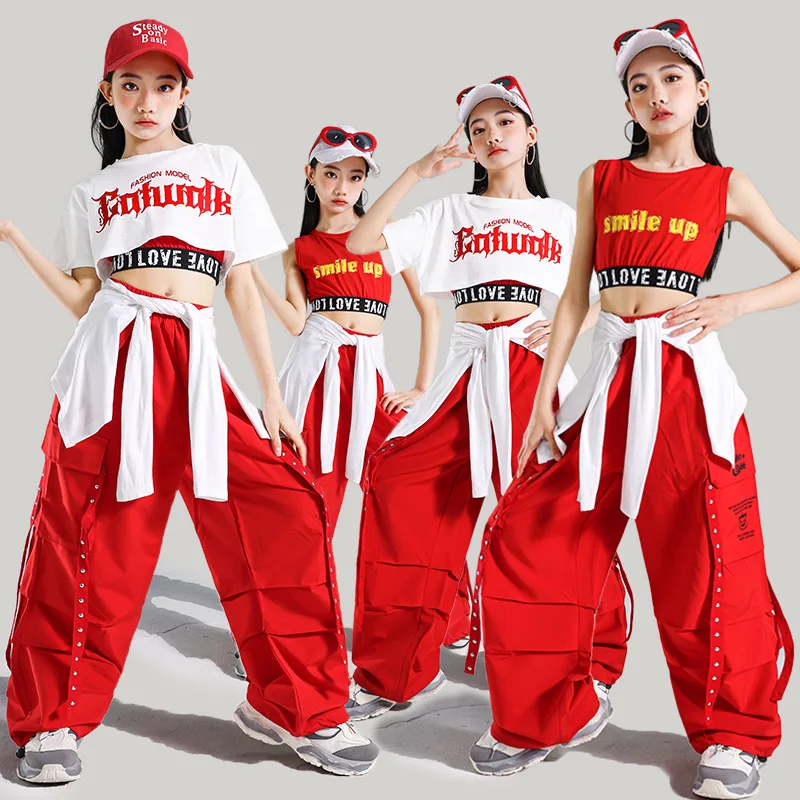 

Комплект для девочек: укороченный топ и брюки карго в стиле K-pop, хип-хоп, для уличных танцев, сценических выступлений, джаза, детская уличная одежда для девичьих групп