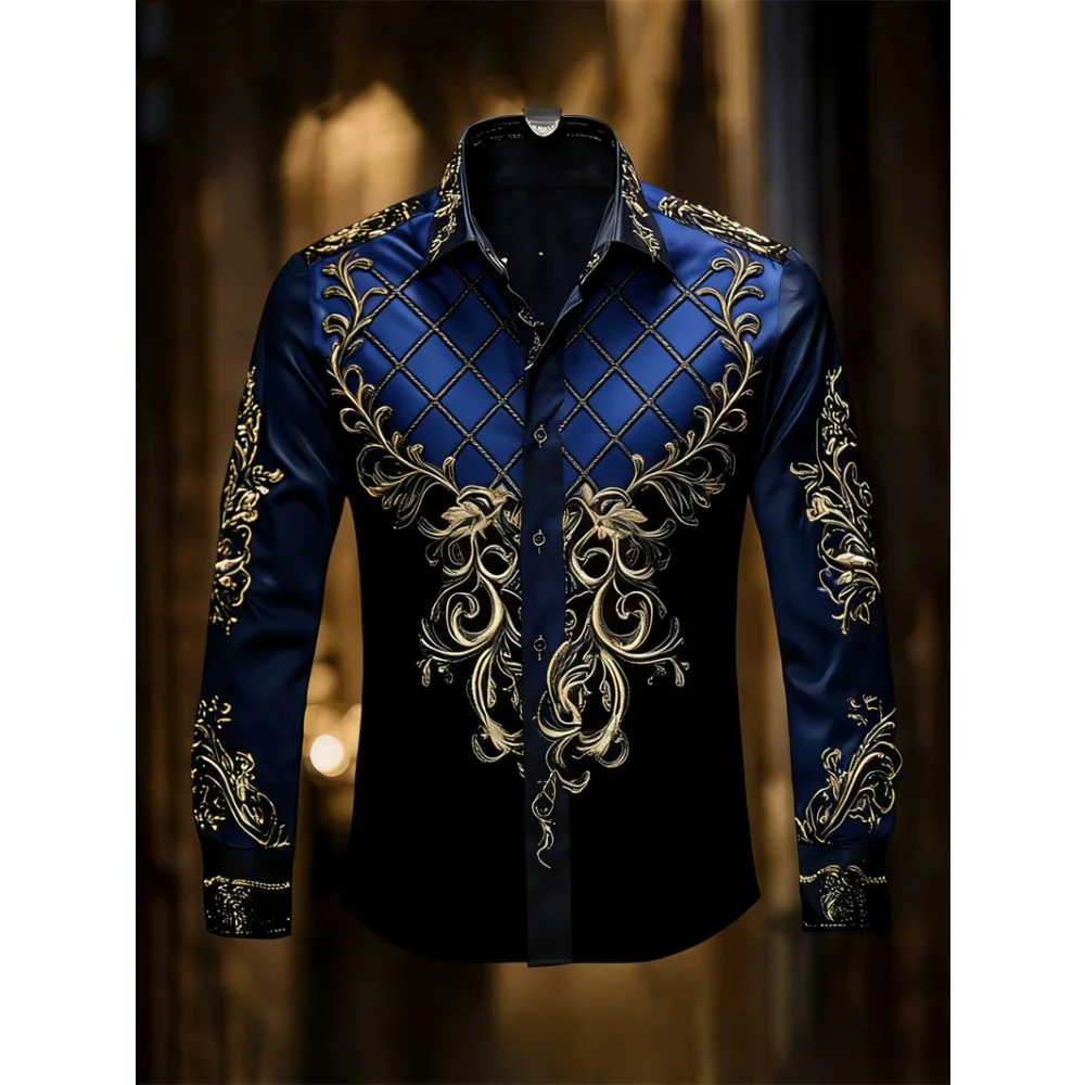 

Grid Printed Shirt Fashionable Luxury Floral Gold 3D Print Comfortable Hawaiian Shirt Men Casual Long Sleeved Lapel Design Shirt