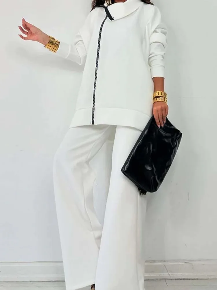 Autunno Moda Abiti larghi Donna Dolcevita Felpa con cerniera Set di pantaloni a gamba larga Donna Casual Manica lunga Solido Set a due pezzi