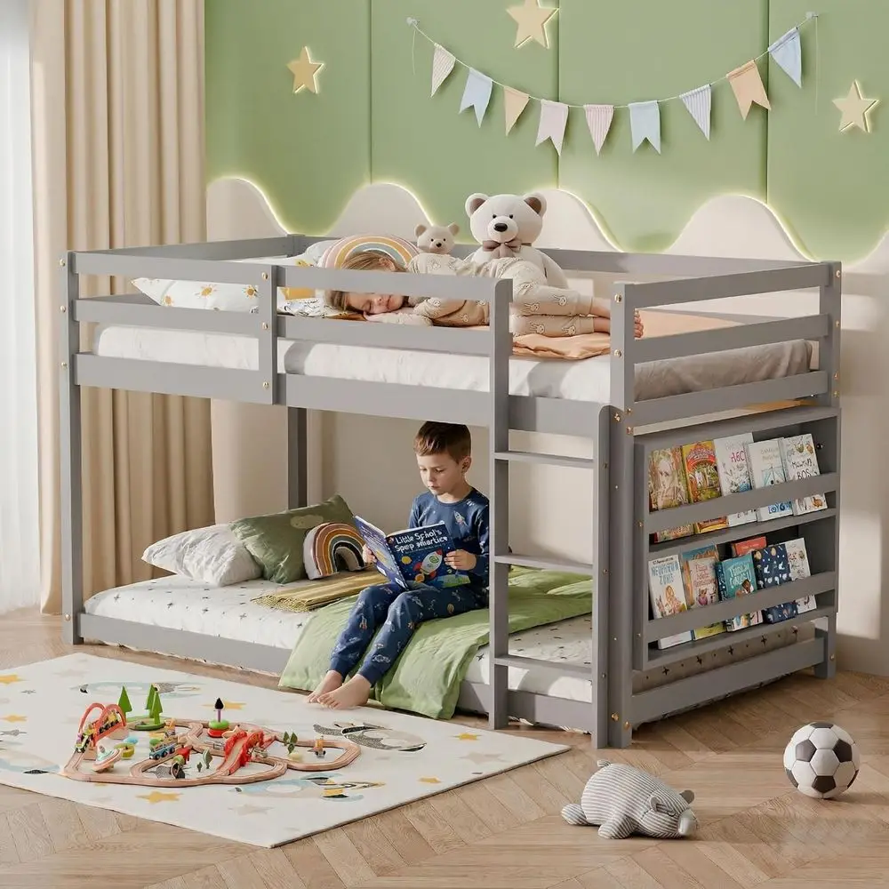 

Twin Over Twin Wooden Bunk Bed with Bookcases and Guardrails for Kids' Bedroom, Dorms (Grey)