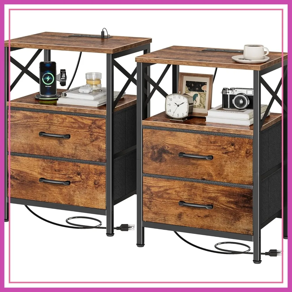 Nightstands Set of 2 with Charging Station, 2 Drawer Side Table with Open Shelf, USB-C Port, End Table for Small Spaces, X Shaped Side Rail