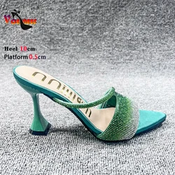 Luxury Designer Diamond High Heels 10CM Bling Party Pointed Toe Sandals Women Slip On Slippers Rhinestone Band Summer Lady Shoes