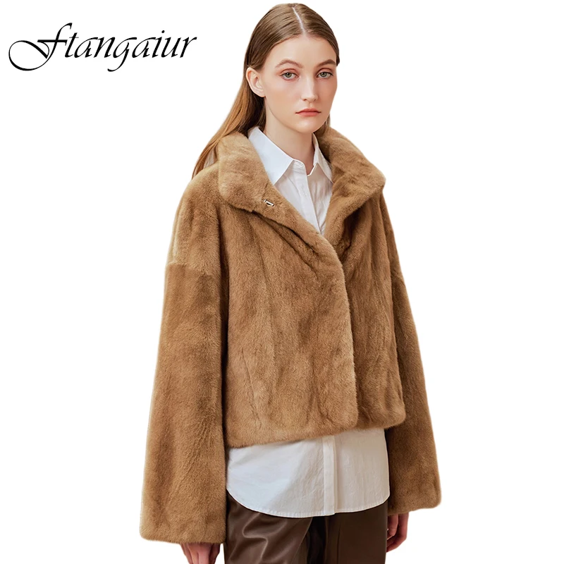 Ftangaiur Winter Import Swan Velvet Mink Fur Coat Mandarin Collar Long Sleeve Mink Coat Women Short Natural Real Mink Fur Coats