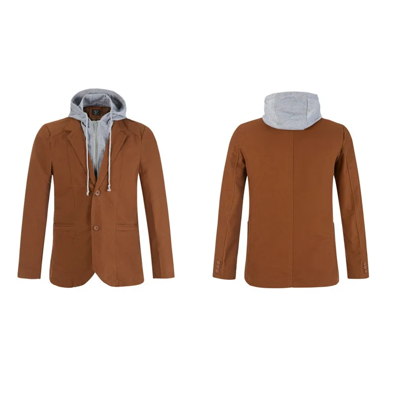 Men Casual Blazer with Detachable Hood Cotton Jacket Korean Style Slim Fit Two Piece Suit Spring Blazer Verde Hombre FS-259