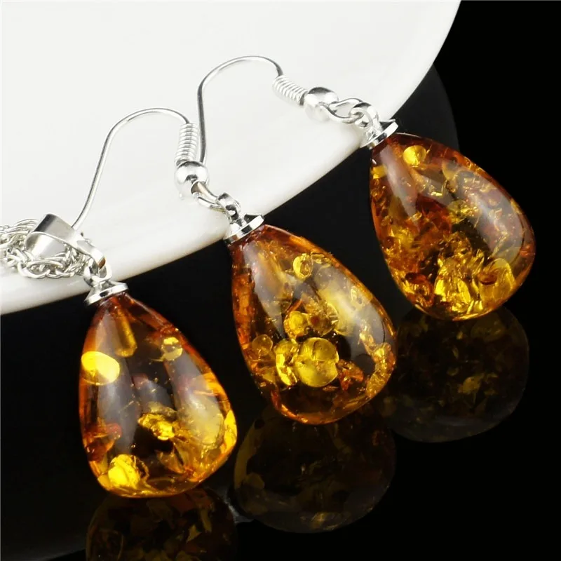 New Fashion Women's Baltic tear drop simulated synthetic pendant necklace earring wedding female jewelry set