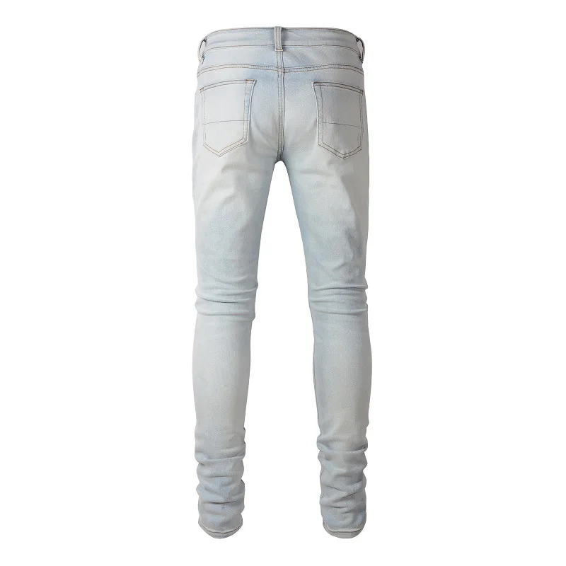 Herren Hellblaue Biker-Jeans mit Rissen, Falten und Patchwork-Design, Stretch-Denim-Hose, Streetwear, Löcher, Zerrissene Skinny-Hose – Detail 4