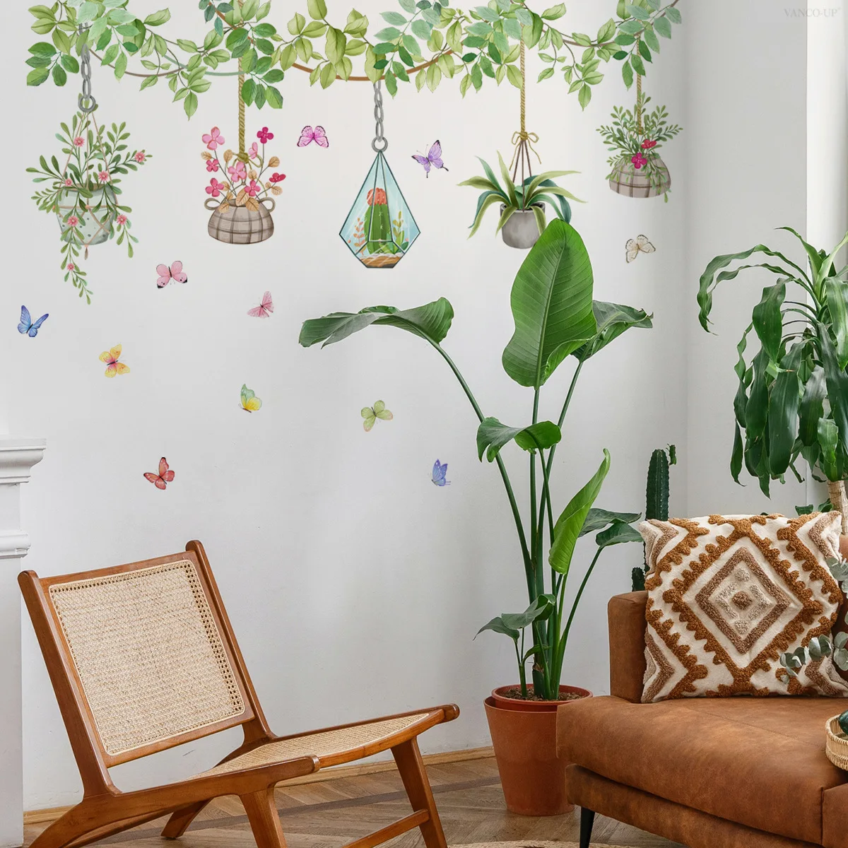 Hanging Planter & Butterfly Wall Decals - Removable Botanical Stickers for Home & Shop Decor