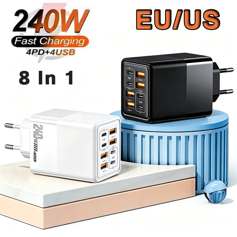 240W GaN USB C Charger 8 in 1 Fast Charging Phone Charger Power Adapter For iPhone Xiaomi Type C EU/US Plug Wall Charger