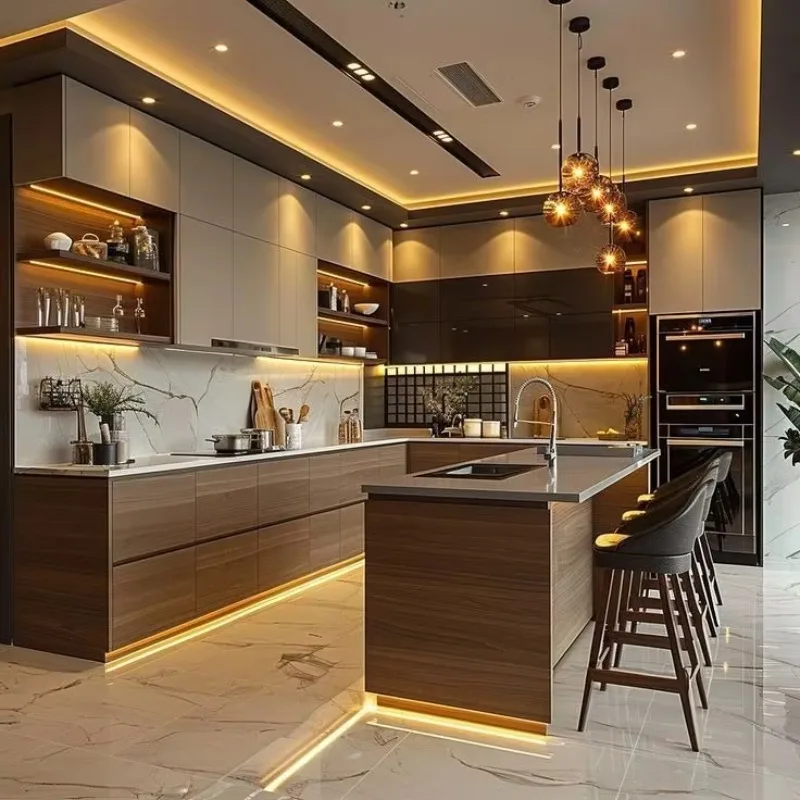 Luxury Black Stainless Steel Kitchen Cabinet Set Custom Size Smart Whole House Cabinets Melamine Granite Countertop