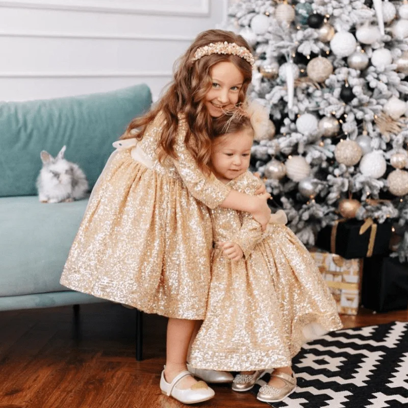 Fashion Baby Girl Princess Long Sleeve Sequin Dress Toddler Child Vestido Birthday Christmas Wedding Party Baby Clothes 2-14Y