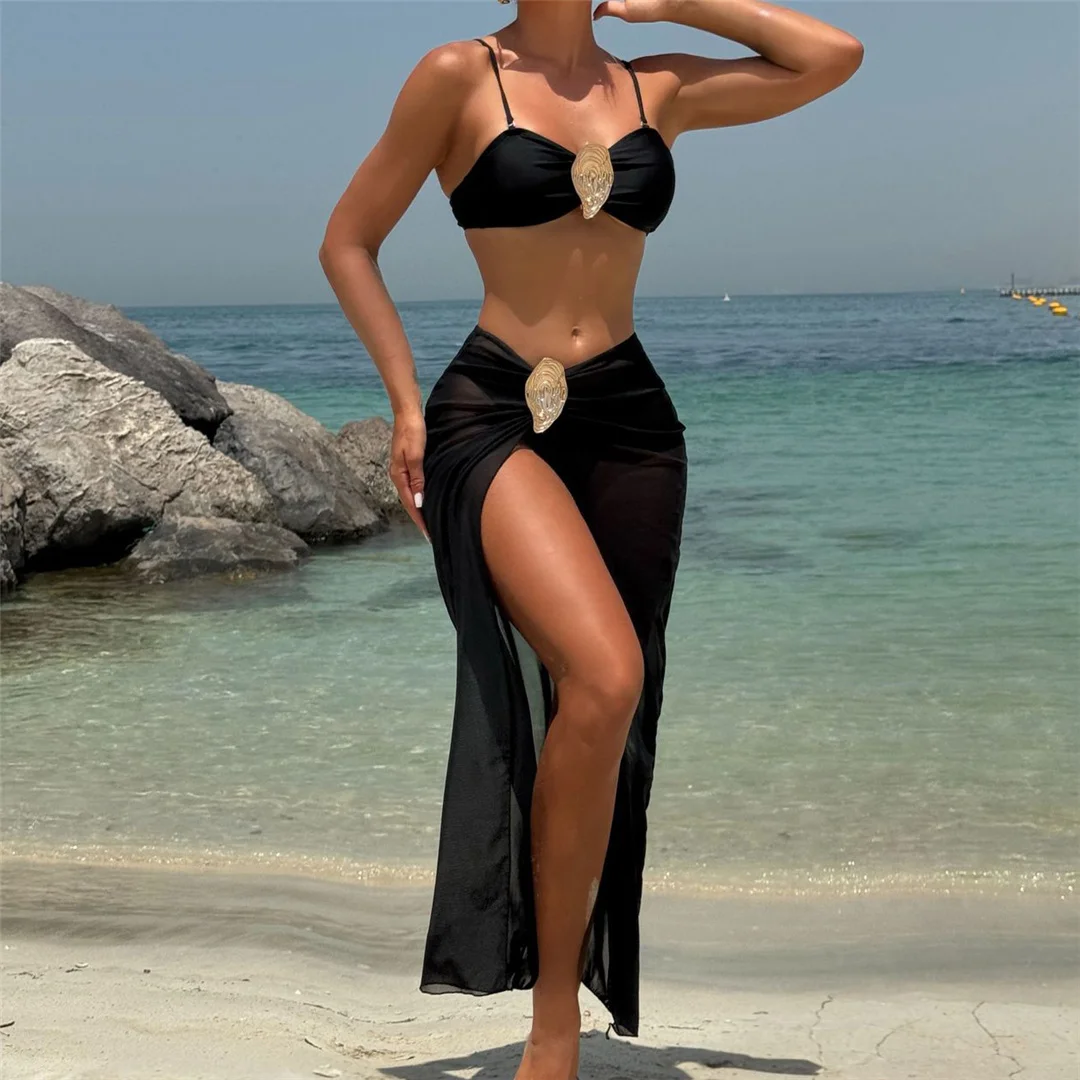 Neu mit Rock, Metallring, brasilianischer Bikini, Damen-Badeanzug, Damen-Bademode, dreiteiliges Bikini-Set, Badeanzug, Badebekleidung, Schwimmbekleidung V6990 – Detail 4
