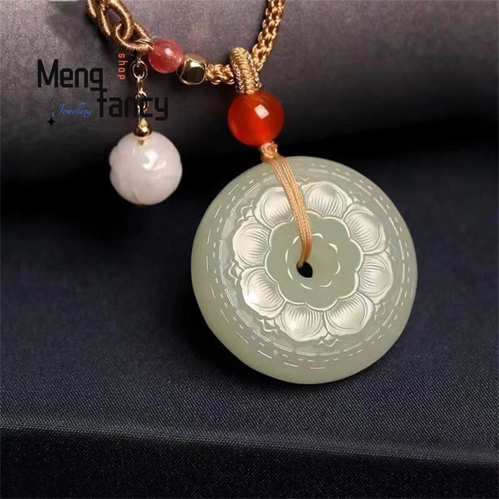 Natural Hetian Green Jade Lotus Peace Buckle Pendant Exquisite Elegant Simple High-grade Luxury Fashion Jewelry Holiday Gifts