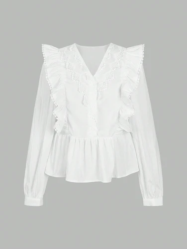 Imagen 2 del producto 2025 otoño nueva llegada mujer Casual Color sólido encaje Patchwork volantes manga larga Top elegancia de moda