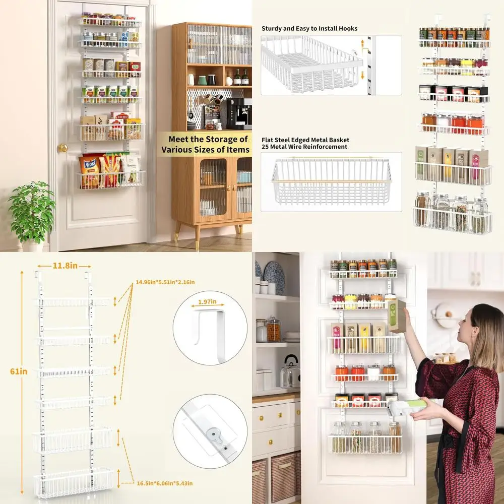 

6-Tier Door-Mounted Pantry Organizer, Black, for Kitchen & Home Storage Solutions