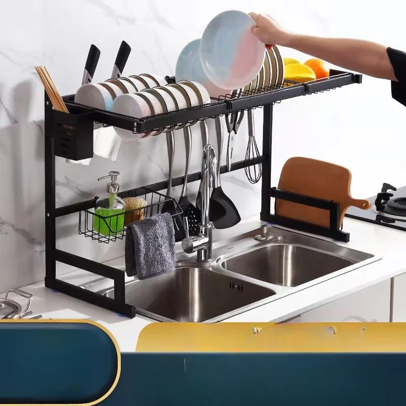 65cm Metal Dish Rack Black Kitchen Sink Drain Rack Cutter Bowl Tray Countertop Shelving Can Be Loaded and Unloaded Adjustment