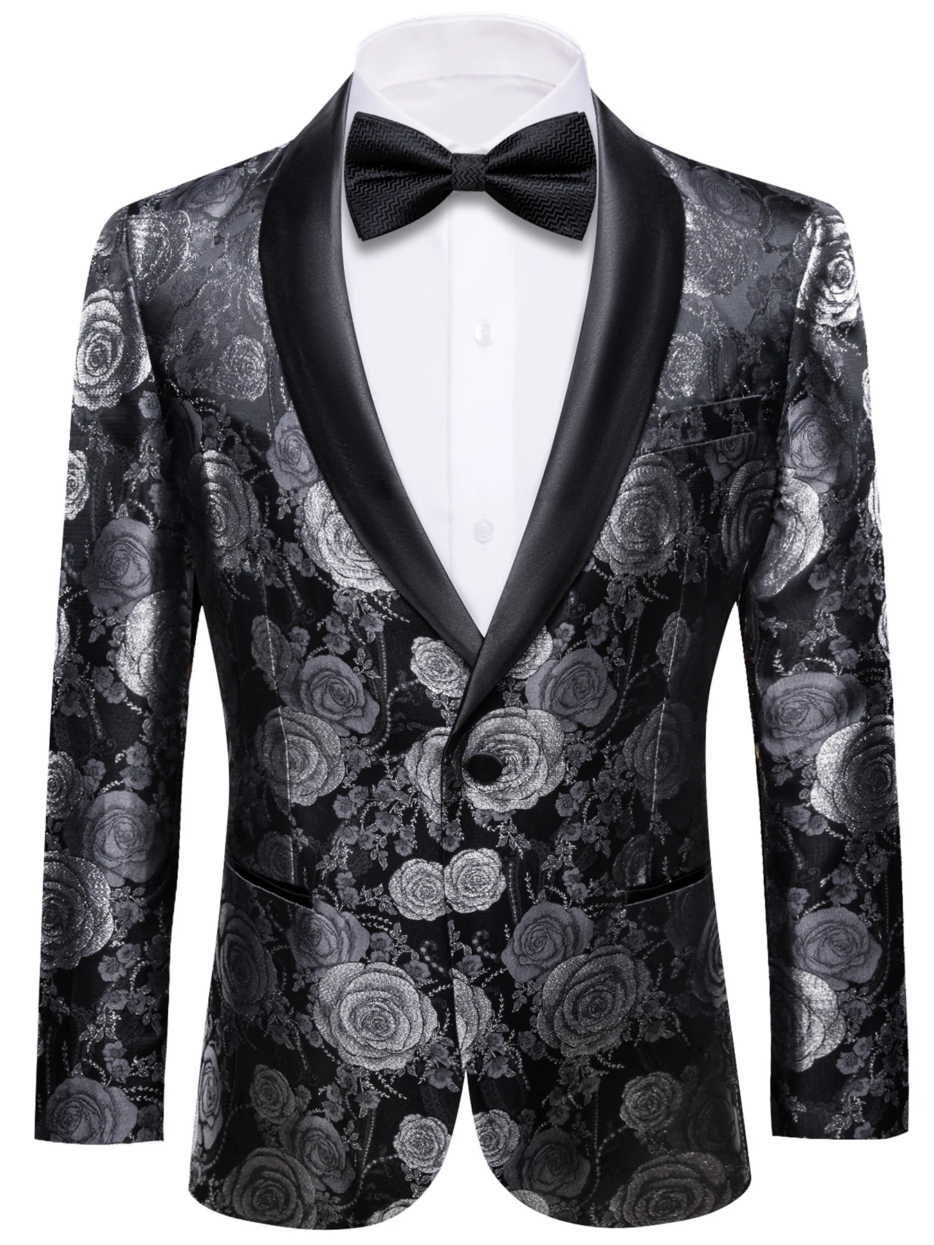 بدلة رجالية بقصة ضيقة معطف زفاف من قماش الجاكار مزين بالزهور وزر واحد وياقة مسطحة وألياف بوليستر مقاومة للتجاعيد