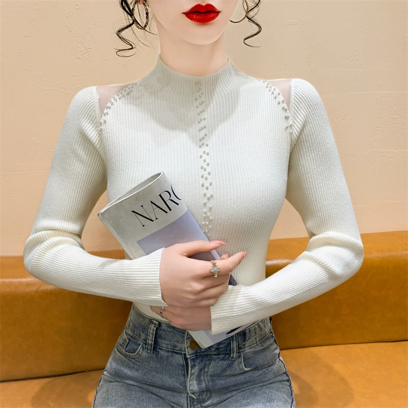

Women's Slim Fit Long Sve Knitted Sweater Pearl Embellied High Collar Korean Sle Base irt Inner Wear Top for Autumn ...
