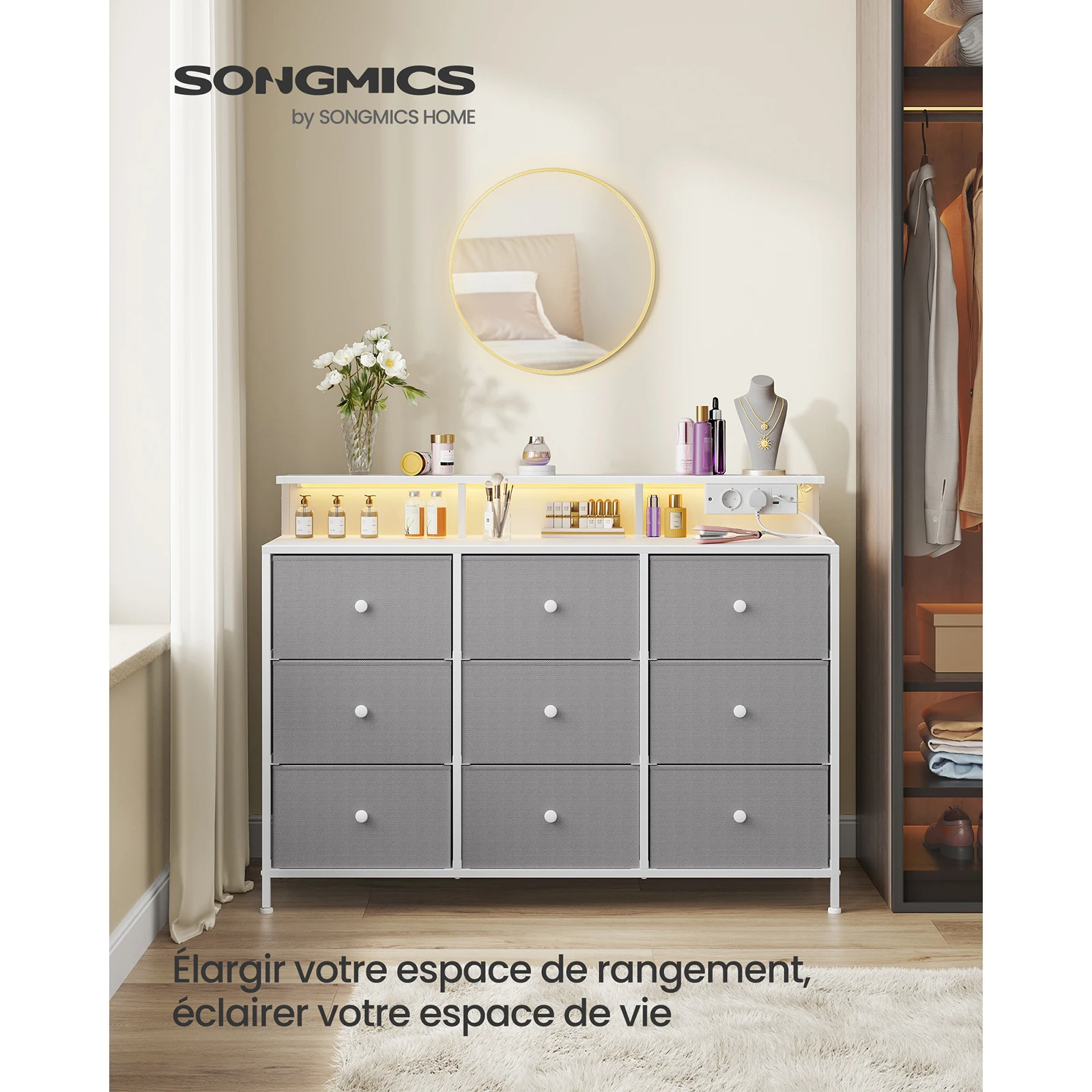 Commode, Meuble de Rangement avec 9 Tiroirs et Éclairage LED, Multiprise, 33,5 x 114 x 84 cm, Gris