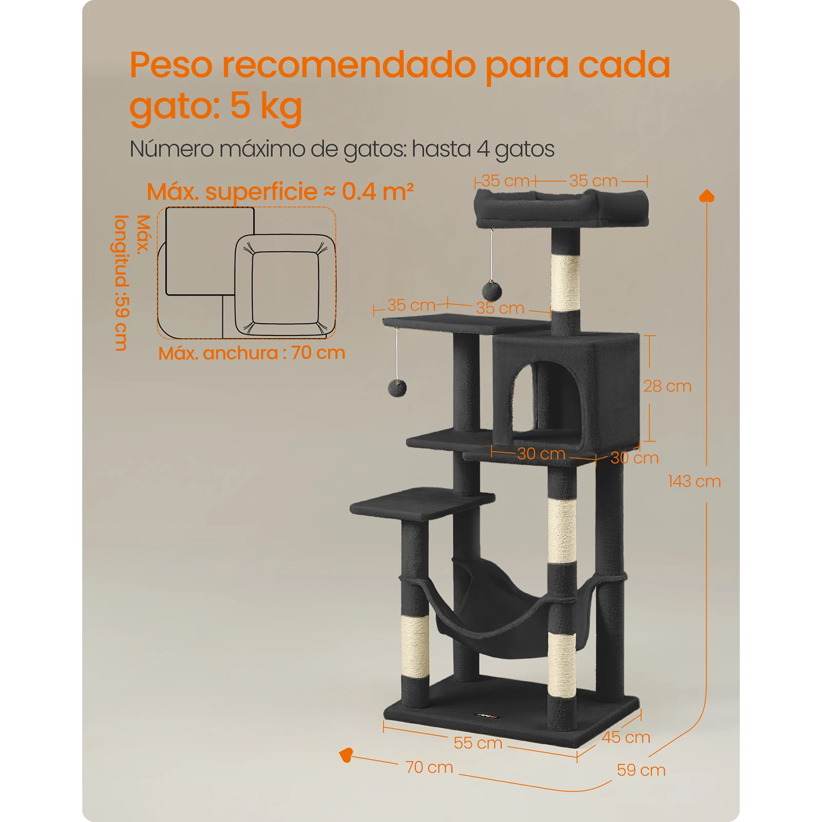 Feandrea Cat Tree: 143 cm tall with 4 scratching posts, 2 platforms, 1 cave, 1 hammock, 2 pompoms, multi-level design.