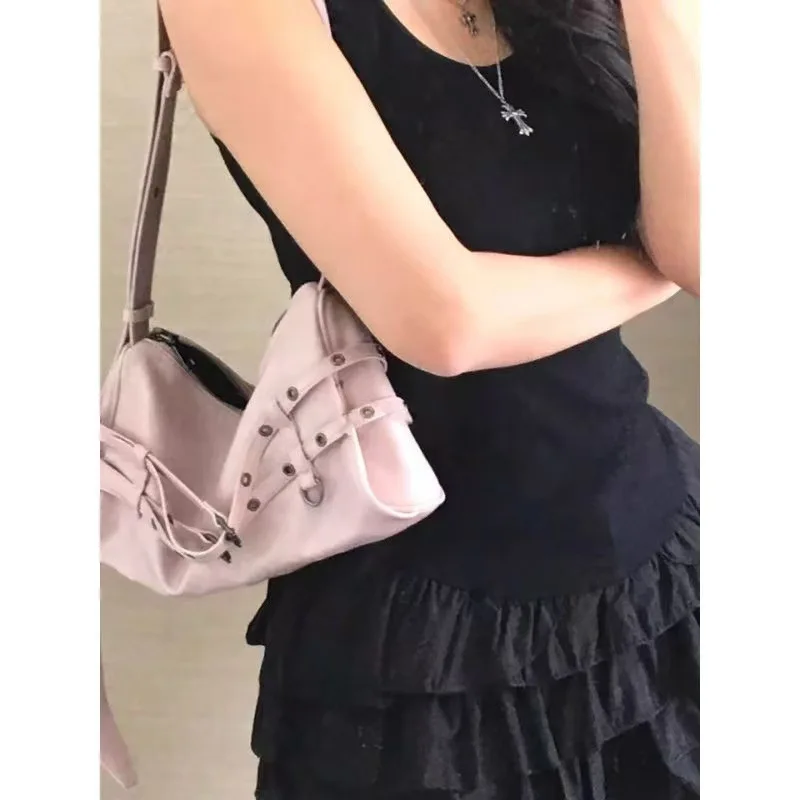 Korean Blogger-Inspired Niche Design Large-Capacity Motorcycle Bag – Y2K Retro Chic Belt-Buckle Crossbody/Shoulder Bag