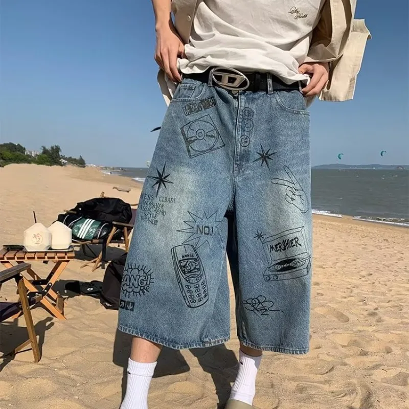 American Retro GraffitioversizePants Men's Fashion Brand Cropped Jeans Street Summer Loose Casual Shorts