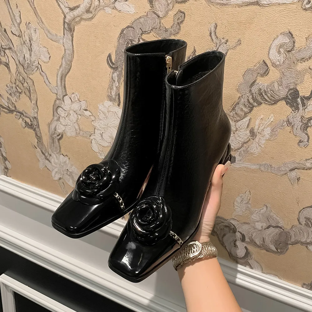 Dilalula 2025 Genuine Leather Flower Metal Chain Short Boots Women Thick High Heels Young Ladies Mixed Color Boots Party Dating