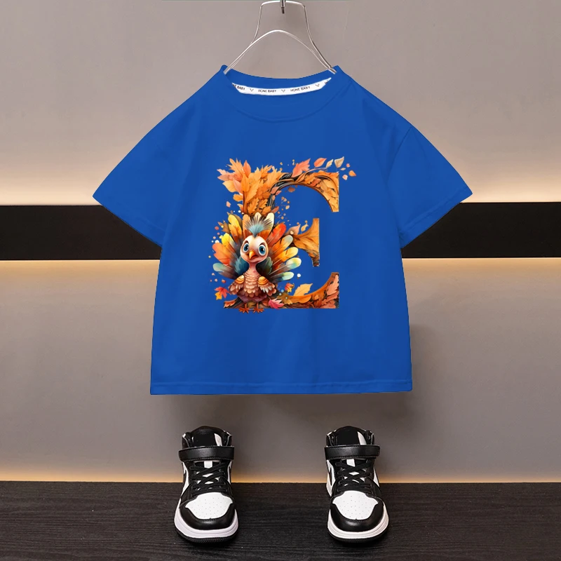 Maple Leaves Letter E Children T-shirt Kawaii Clothes for Girls T Shirt Anime Cartoons Casual Kid Boy Short Sleeve Tops New 2024