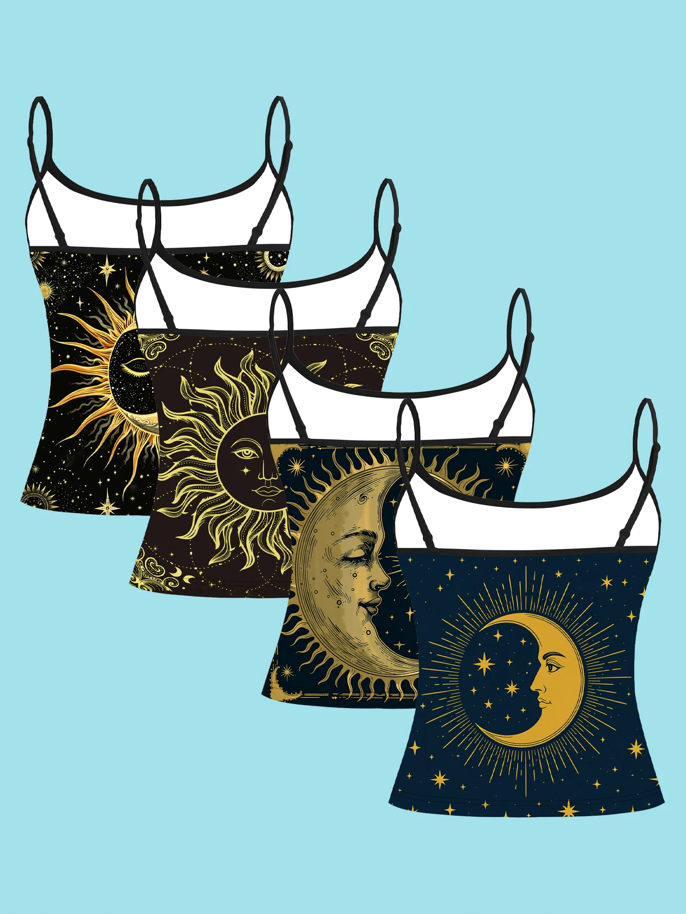 4-Piece Set of Women's Vintage Gold Sun and Moon Print Camisoles with Mysterious Starry Sky and Human Face Patterns, Slim-Fit Spaghetti Strap Inner Tops