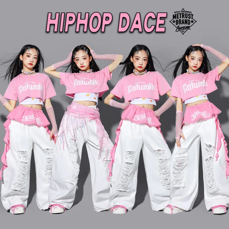 Girls Kpop Crop Pink Top Street Dance Baggy Pants Cool Hip Hop Jazz Short Sleeve Clothes Set Group Streetwear Stage Show Costume