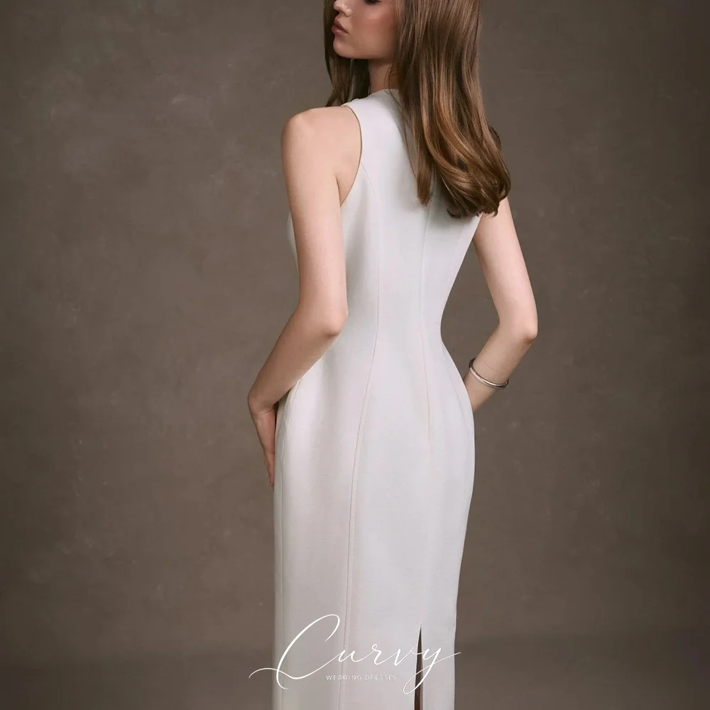 Curvy Minimalist Elegant Wedding Dress Sleeveless High Neck Sheer Floral Lace Cutout Button Detail Sheath Back Split Bridal Gown