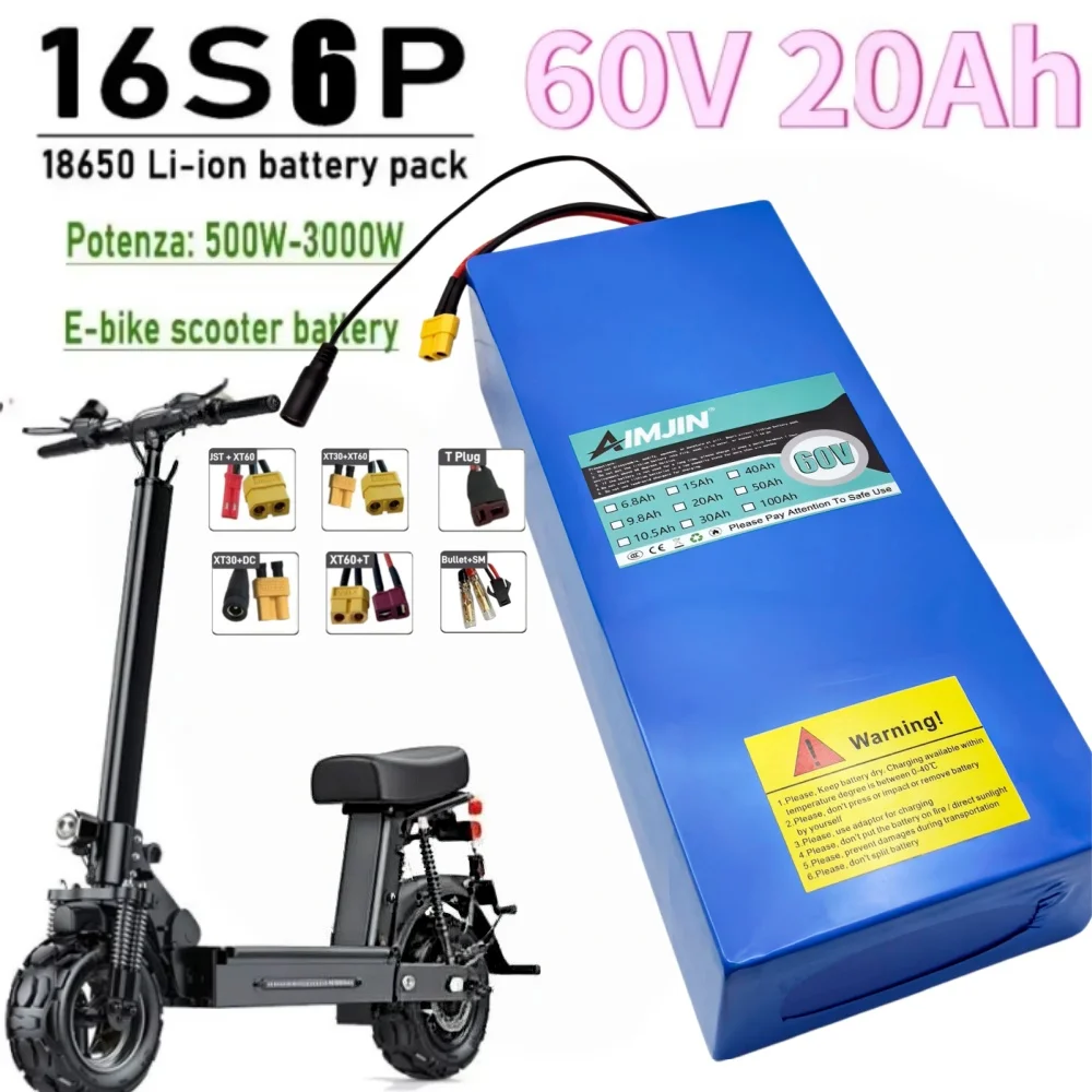 New 16S6P 60V 20Ah 18650 Lithium Battery Pack 0-2000W High-power Built-in BMS Scooter Motorcycle Charging Battery Pack