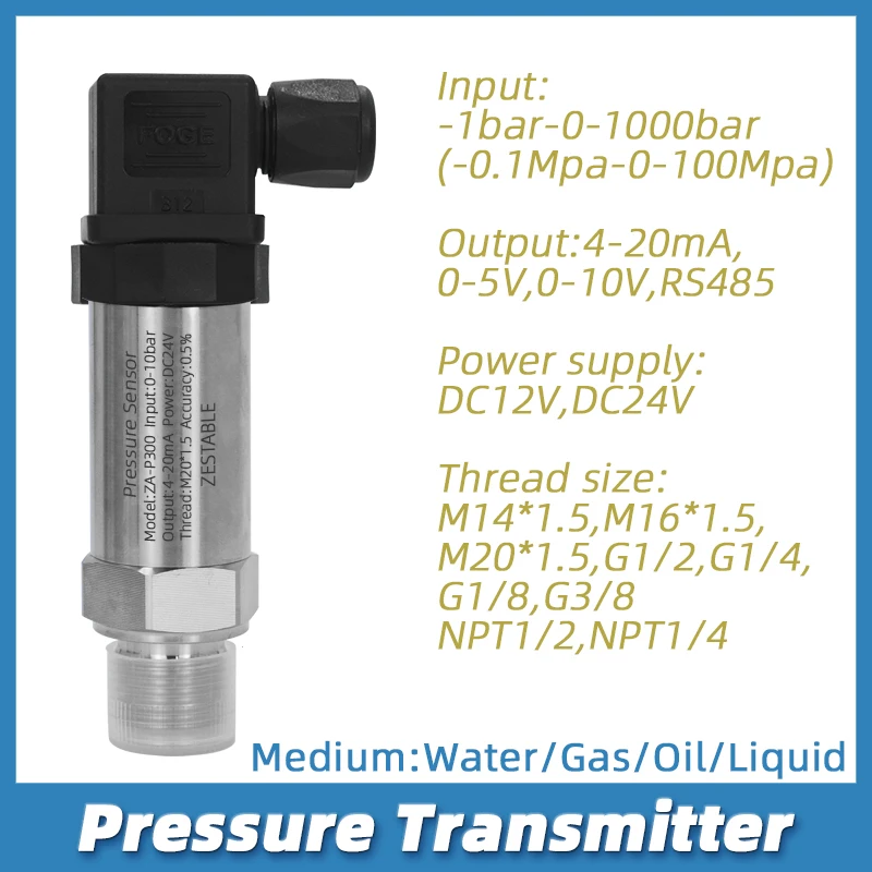 Pressure Transmitter 4-20mA 0-5/10V RS48 Water Gas Oil Liquid Pressure -1-0-1000bar Positive Negative Vacuum Pressure Sensor