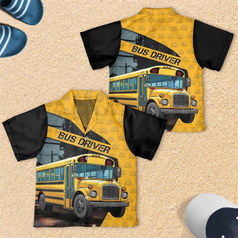 Back To School Graphic Shirts For Men Clothes Casual Boys Lapel Blouse Student Child Beach Shirt Book School Bus Short Sleeve