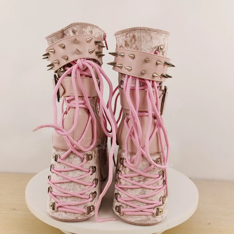 Pink Corduroy Buckle Spikes Cross Tied Platform Boots Side Zipper Women Shoes Chunky High Heels Banquet 2026 Zapatos Para Mujere