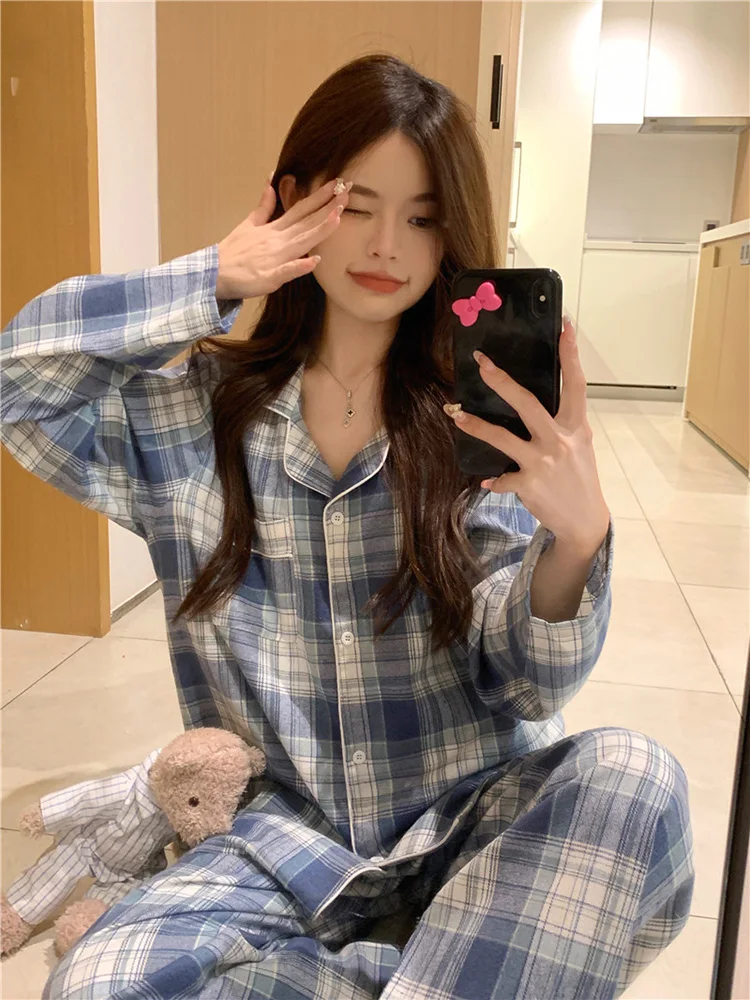 Lovers New Home Plaid Korean Winter Loose Long Sleeve Pajama Set Women Elegant Casual Comfortable Couple Sleepwear Simple Ins